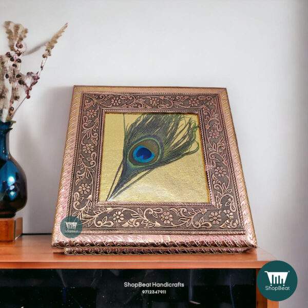 ShopBeat Copper Oxidised Peacock Feather Wooden Dry fruit Box 8x8 inch