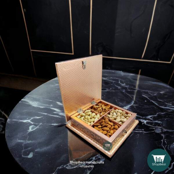 ShopBeat Copper Oxidised Peacock Feather Wooden Dry fruit Box 8x8 inch