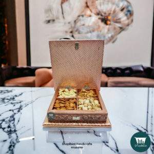 ShopBeat Copper Oxidised Peacock Feather Wooden Dry fruit Box 8x8 inch