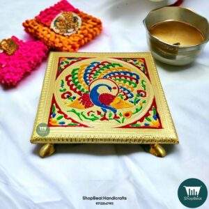 ShopBeat Golden Oxidised Wooden Meenakari Peacock Pooja Chowki 8x8 inch