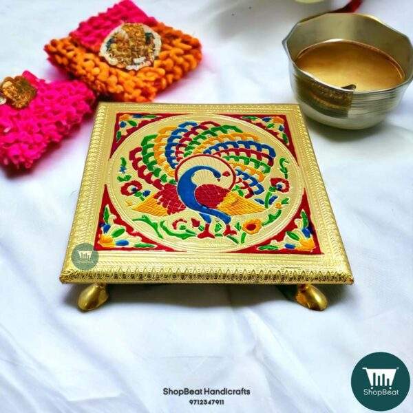 ShopBeat Golden Oxidised Wooden Meenakari Peacock Pooja Chowki 8x8 inch