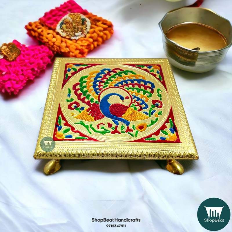 ShopBeat Golden Oxidised Wooden Meenakari Peacock Pooja Chowki 8x8 inch