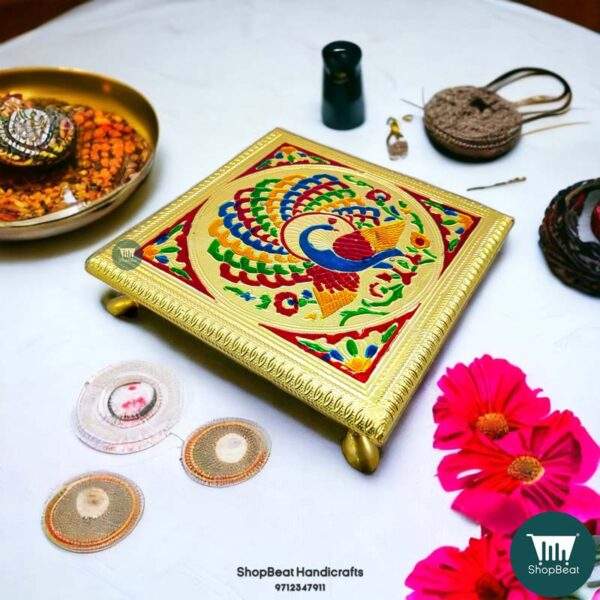 ShopBeat Golden Oxidised Wooden Meenakari Peacock Pooja Chowki 8x8 inch
