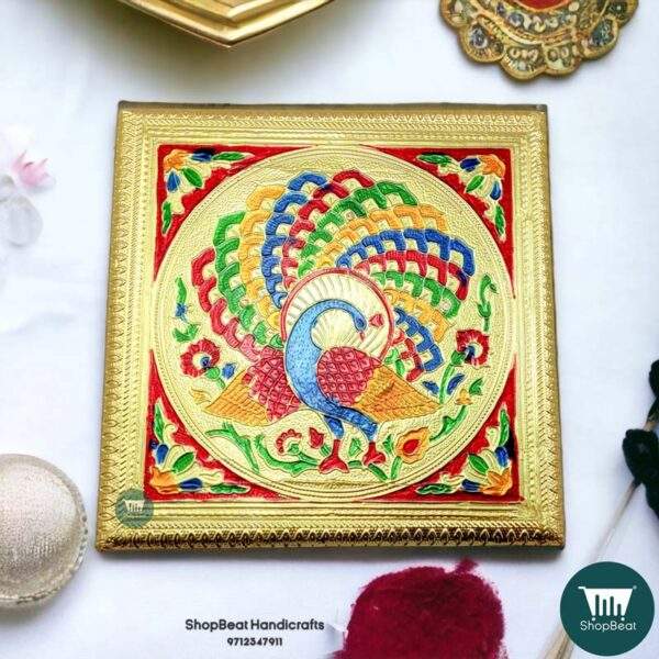 ShopBeat Golden Oxidised Wooden Meenakari Peacock Pooja Chowki 8x8 inch