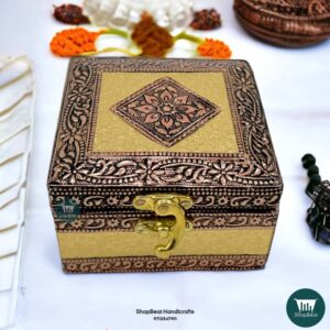 ShopBeat Copper Oxidised Velvet Wooden Pooja Box Small Jewellery Box 4x4 Inches