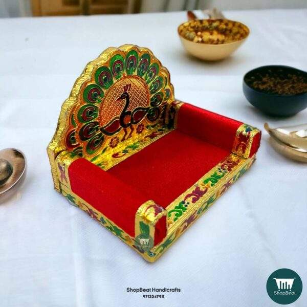 ShopBeat Golden Meenakari Peacock Design-2 Laddu Gopal Wooden Singhasan 3 No. 6.75x5 inch