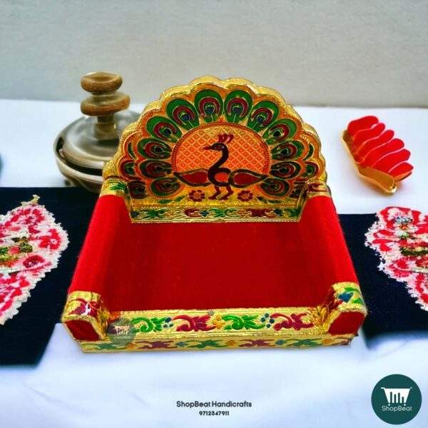 ShopBeat Golden Meenakari Peacock Design-2 Laddu Gopal Wooden Singhasan 3 No. 6.75x5 inch