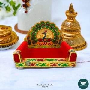 ShopBeat Golden Meenakari Peacock Design-2 Laddu Gopal Wooden Singhasan 3 No. 6.75x5 inch
