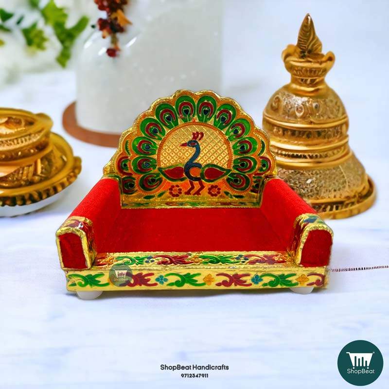 ShopBeat Golden Meenakari Peacock Design-2 Laddu Gopal Wooden Singhasan 3 No. 6.75x5 inch