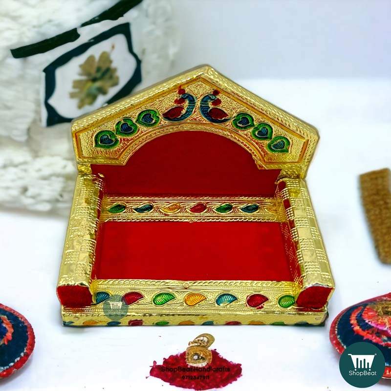 ShopBeat Golden Meenakari Peacock Design Laddu Gopal Wooden Singhasan 3 No. 5x3.25 inch