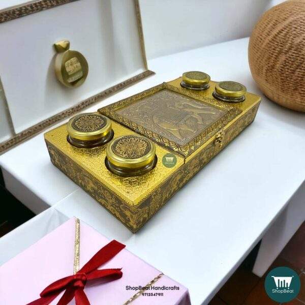 ShopBeat Golden Oxidised Elephant Design Wooden Dry Fruit Box With 4 Glass Jar 16x8 inch - Image 4