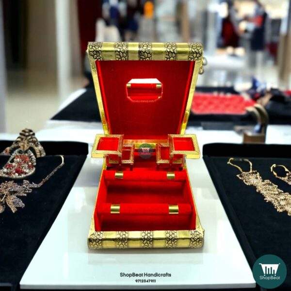 ShopBeat Golden Oxidised Elephant Velvet 2 Roll Wooden Jewellery Box 11x9 Inches
