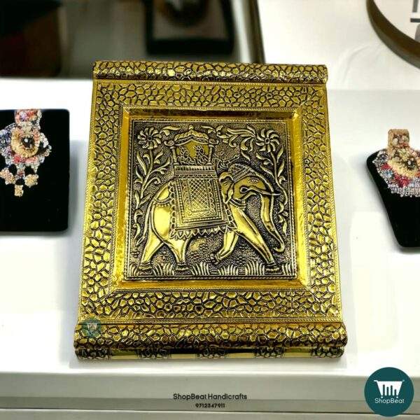ShopBeat Golden Oxidised Elephant Velvet 2 Roll Wooden Jewellery Box 11x9 Inches