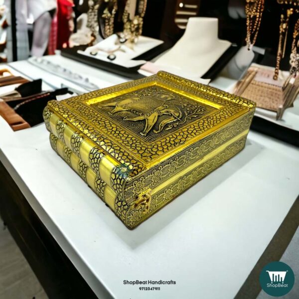 ShopBeat Golden Oxidised Elephant Velvet 2 Roll Wooden Jewellery Box 11x9 Inches