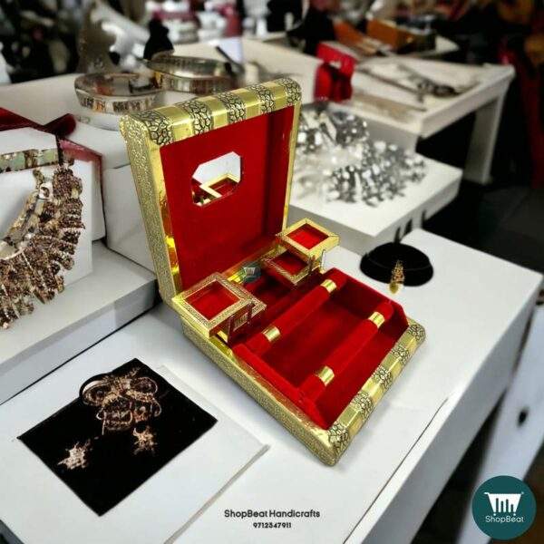 ShopBeat Golden Oxidised Elephant Velvet 2 Roll Wooden Jewellery Box 11x9 Inches