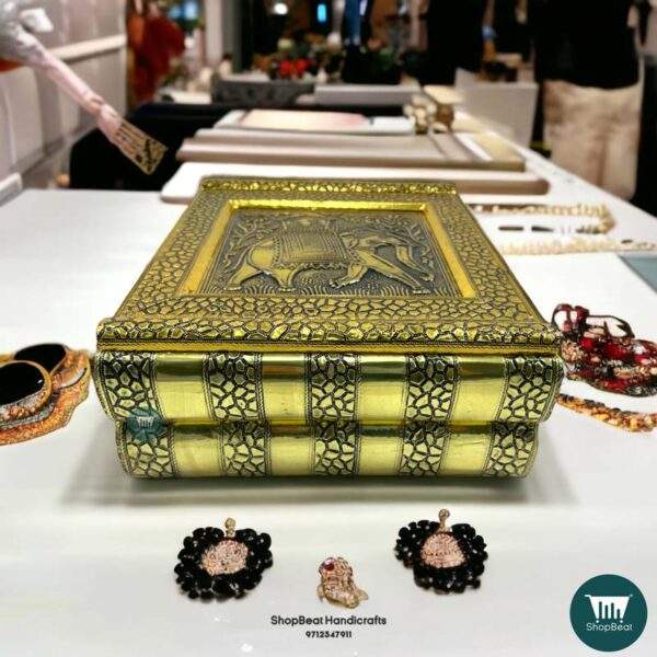 ShopBeat Golden Oxidised Elephant Velvet 2 Roll Wooden Jewellery Box 11x9 Inches