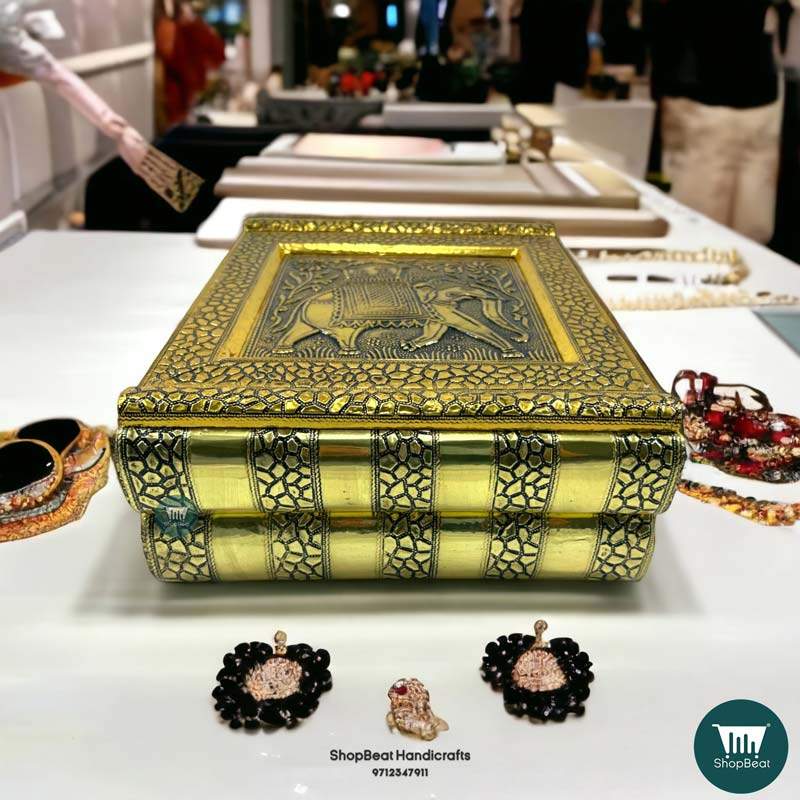 ShopBeat Golden Oxidised Elephant Velvet 2 Roll Wooden Jewellery Box 11x9 Inches
