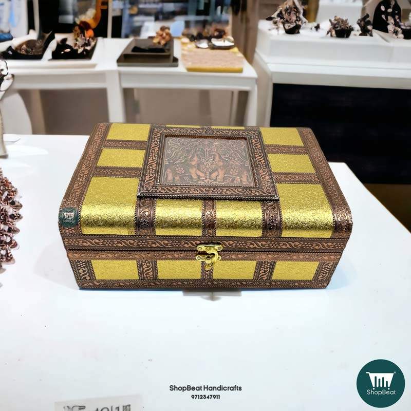 ShopBeat Copper-Golden Oxidised Rajwadi 2 Roll Wooden Bengal Box 11x8 Inches