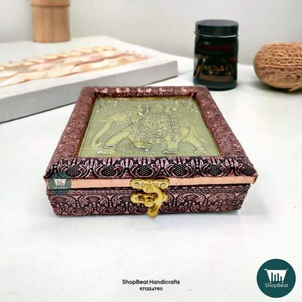 ShopBeat Copper-Golden Oxidised Wooden Dryfruit Box 6x6