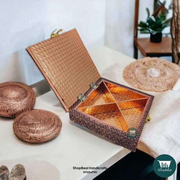ShopBeat Copper-Golden Oxidised Wooden Dryfruit Box 6x6