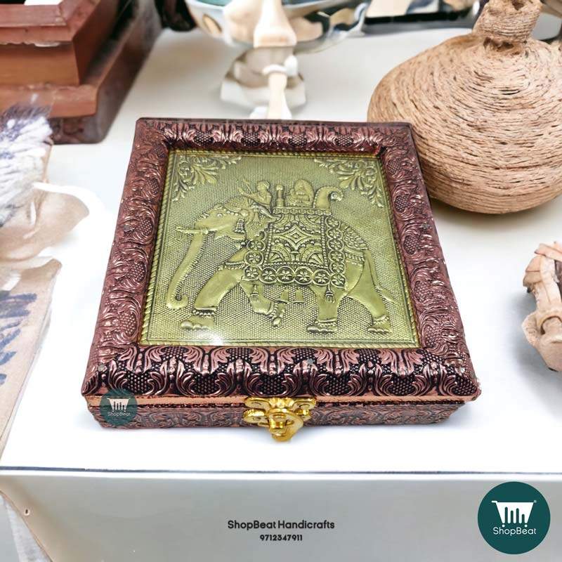 ShopBeat Copper-Golden Oxidised Wooden Dryfruit Box 6x6