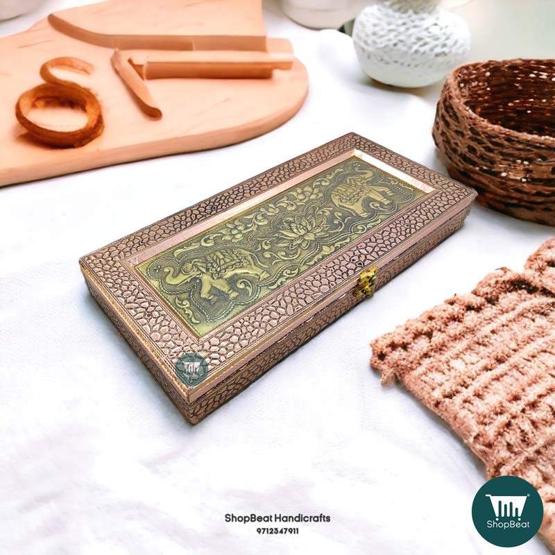 ShopBeat Copper Oxidised Double Elephant Wooden Dry fruit Box 15x7 inch