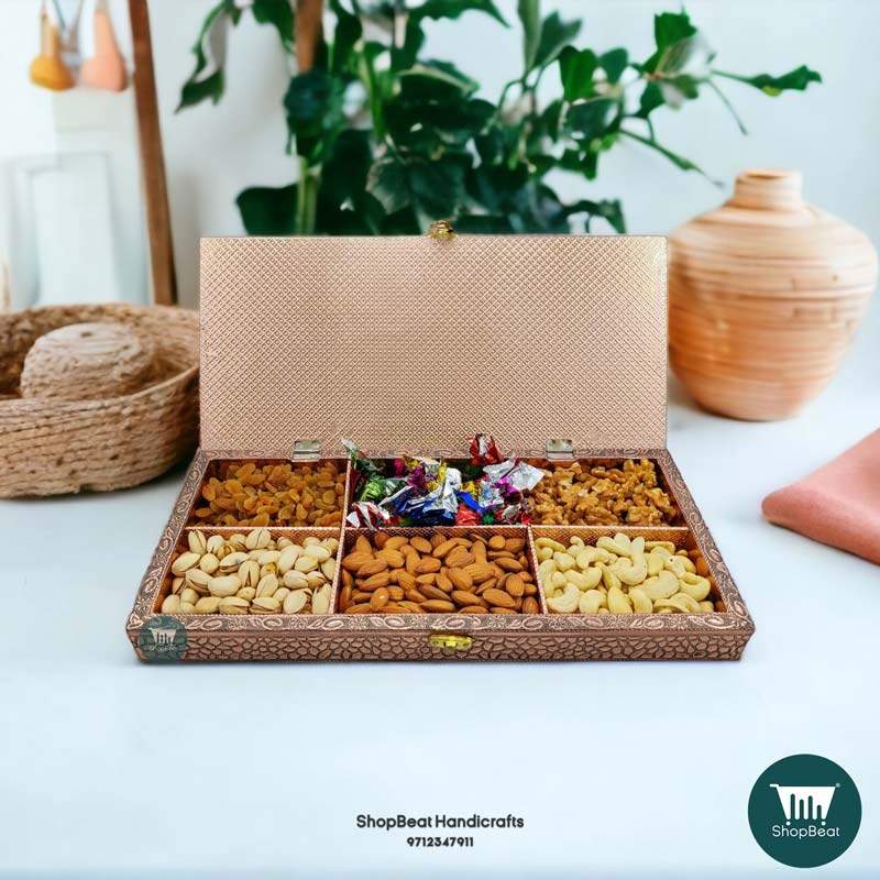 ShopBeat Copper Oxidised Double Elephant Wooden Dry fruit Box 15x7 inch