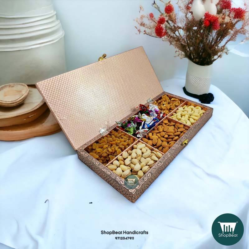 ShopBeat Copper Oxidised Double Elephant Wooden Dry fruit Box 15x7 inch