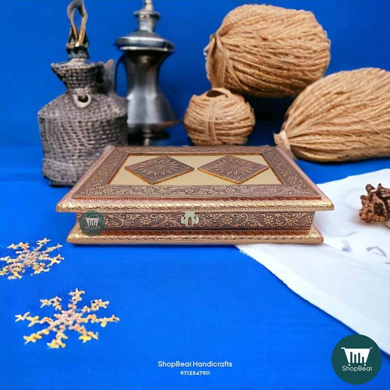 ShopBeat Copper Oxidised Double Flower Wooden Dry fruit Box 12x8 inch
