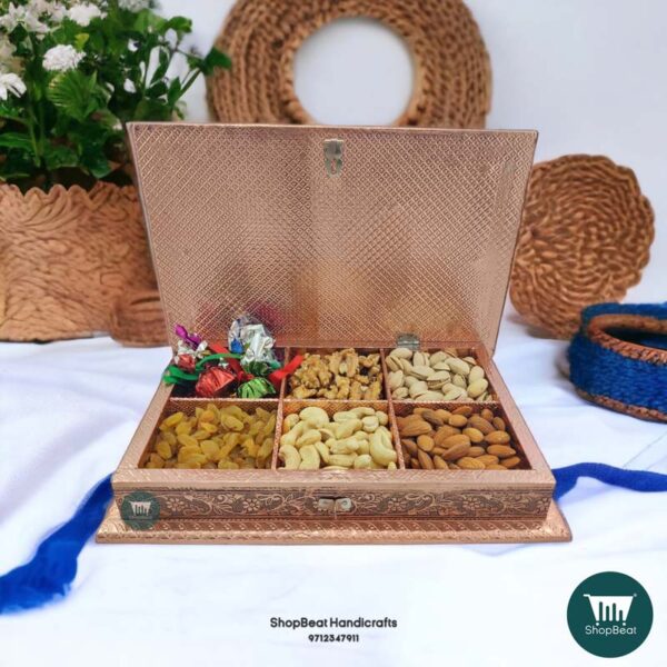 ShopBeat Copper Oxidised Double Flower Wooden Dry fruit Box 12x8 inch