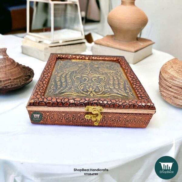 ShopBeat Copper Oxidised Double Peacock Wooden Dryfruit Box 8x8