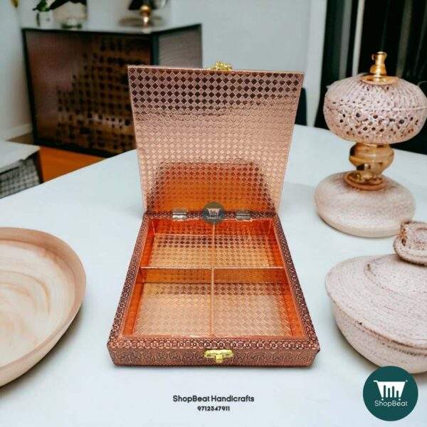 ShopBeat Copper Oxidised Double Peacock Wooden Dryfruit Box 8x8