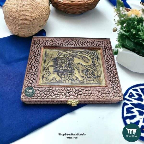 \ShopBeat Copper Oxidised Embossed Elephant Wooden Dry fruit Box 9x7 inc