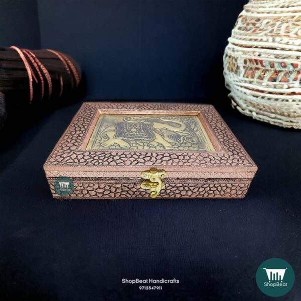 \ShopBeat Copper Oxidised Embossed Elephant Wooden Dry fruit Box 9x7 inc