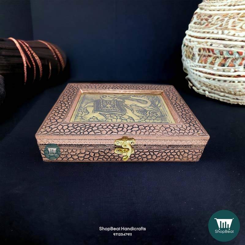 \ShopBeat Copper Oxidised Embossed Elephant Wooden Dry fruit Box 9x7 inc