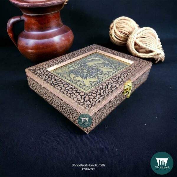 \ShopBeat Copper Oxidised Embossed Elephant Wooden Dry fruit Box 9x7 inc