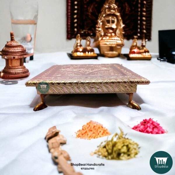 ShopBeat Copper Oxidised Embossed Kalash Wooden Pooja Chowki 8x8 inch