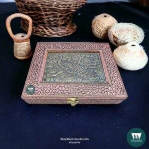 ShopBeat Copper Oxidised Embossed Peacock Wooden Dry fruit Box 9x7 inch