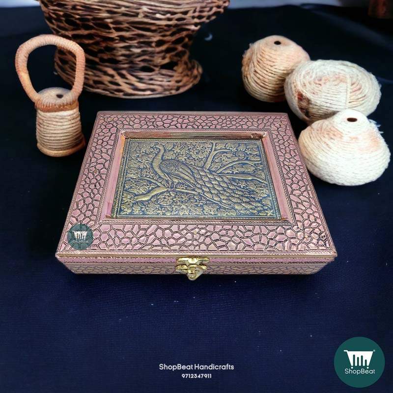ShopBeat Copper Oxidised Embossed Peacock Wooden Dry fruit Box 9x7 inch