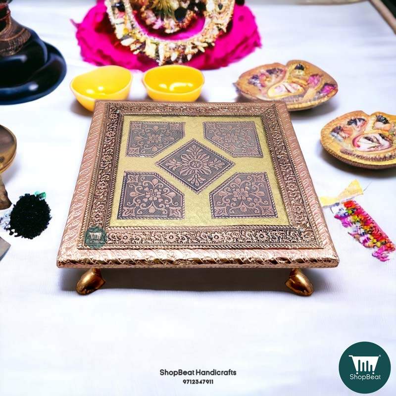 ShopBeat Copper Oxidised Flower Wooden Pooja Chowki 8x8 inch