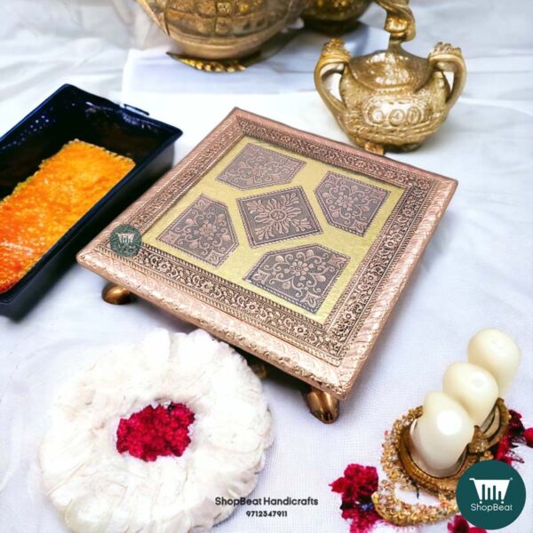 ShopBeat Copper Oxidised Flower Wooden Pooja Chowki 8x8 inch