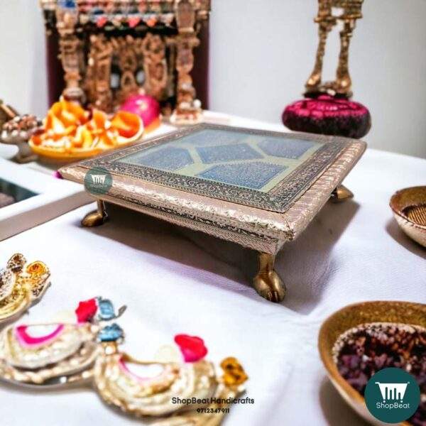 ShopBeat Copper Oxidised Flower Wooden Pooja Chowki 8x8 inch