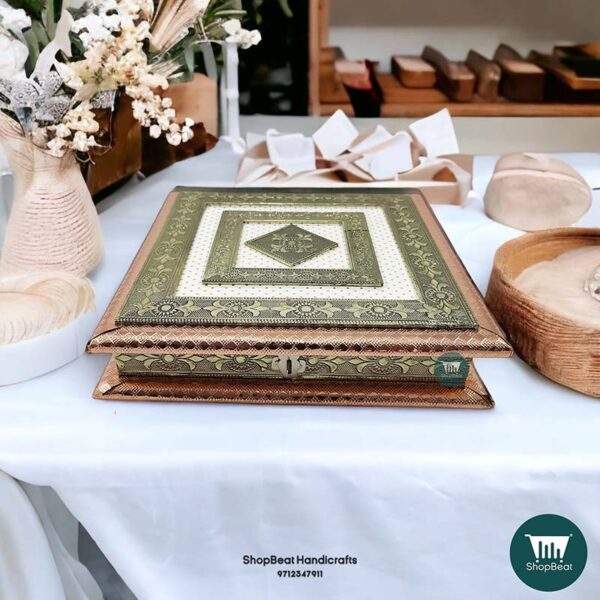 ShopBeat Copper Oxidised Golden White Wooden Dryfruit Box 10x10 - Image 3