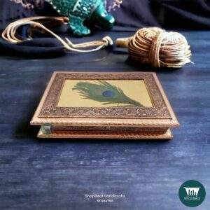 ShopBeat Copper Oxidised Peacock Feather Wooden Dry Fruit Box 12x7 Inch