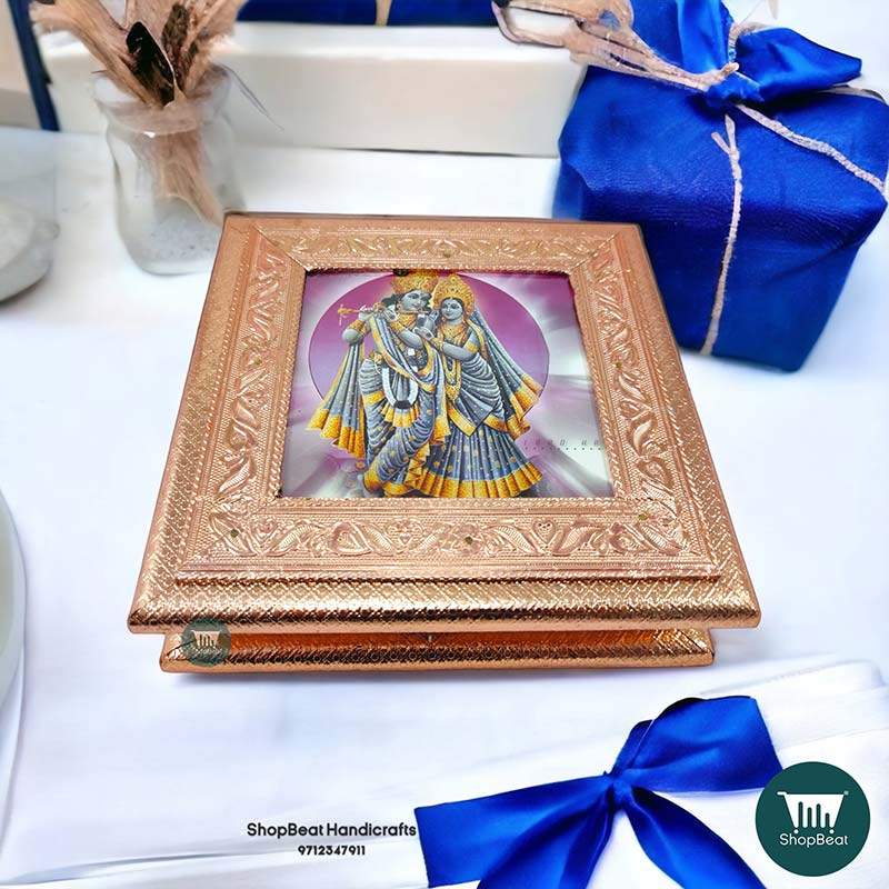 ShopBeat Copper Oxidised Radhe Krishna Poster Wooden Dryfruit Box 8x8 Inches