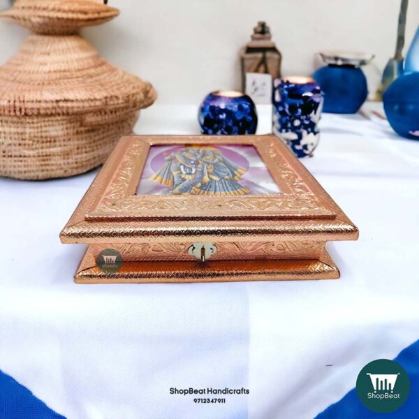 ShopBeat Copper Oxidised Radhe Krishna Poster Wooden Dryfruit Box 8x8 Inches - Image 4