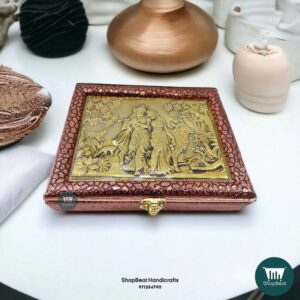 ShopBeat Copper Oxidised Radhe Krishna Wooden Dryfruit Box 9x7 inches