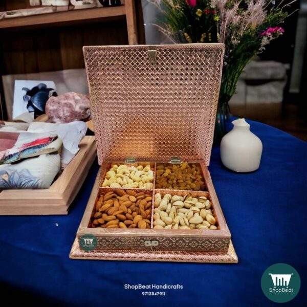 ShopBeat Copper Oxidised Sparrow Flower Wooden Dry fruit Box 10x10 inch