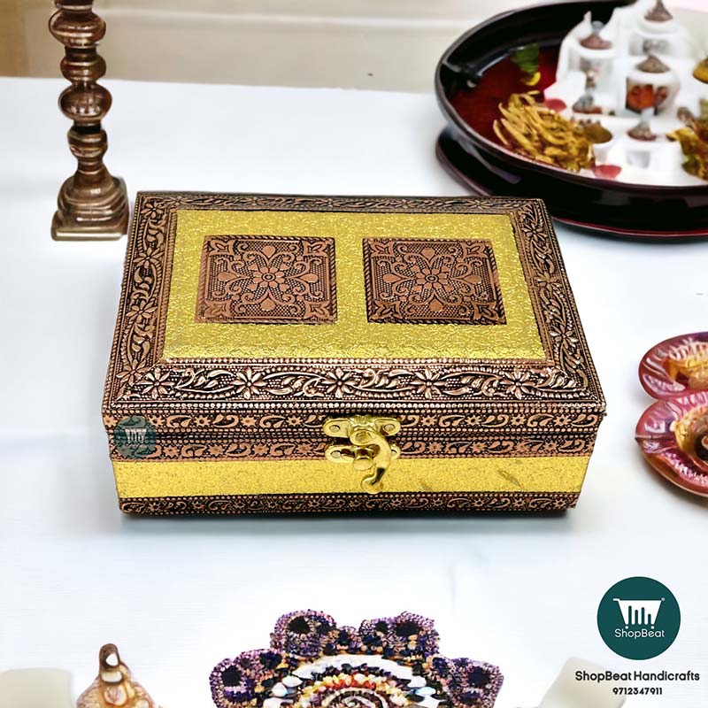 ShopBeat Copper Oxidised Velvet Wooden Pooja Box / Small Jewellery Box 5x7 Inches