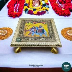 ShopBeat German Oxidised Elephant Poster Wooden Pooja Chowki 6x6 inch